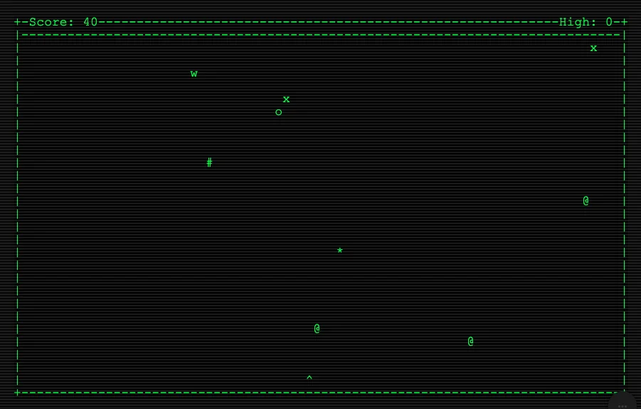 Screenshot of ASCII Attack: Space Invaders rendered in ASCII art. Battle swarms of text-character aliens in this retro shooter — a typographic tribute to the 1978 arcade classic.