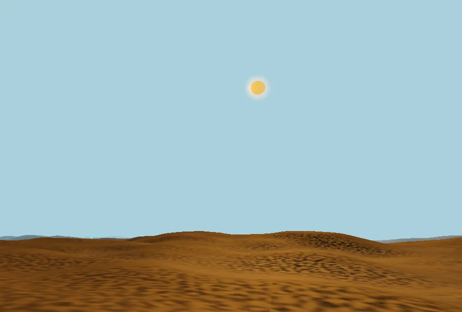 Screenshot of Binary Suns: Procedural desert landscape with twin suns, inspired by Tatooine. Explore vast alien terrain in 3D — a Star Wars-aesthetic generative world.