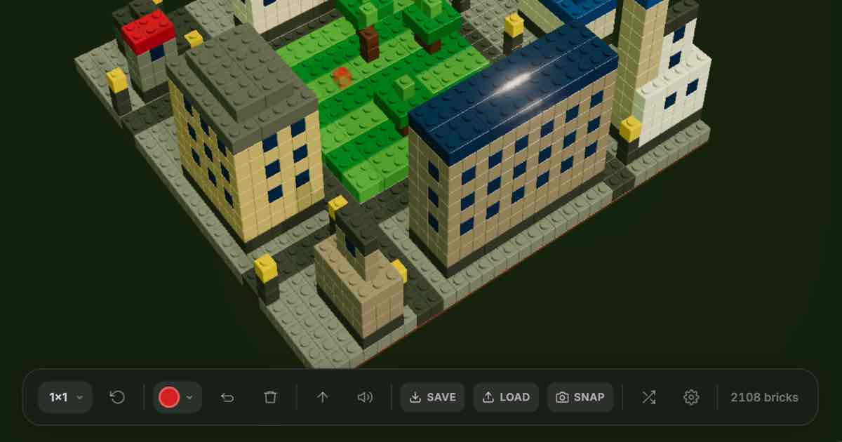 Screenshot of BrickGen: "LEGO" 3D generative brick art toy — mandalas, spiral towers, cityscapes (or whatever) built from interlocking bricks. Relaxing creative builder in your browser.