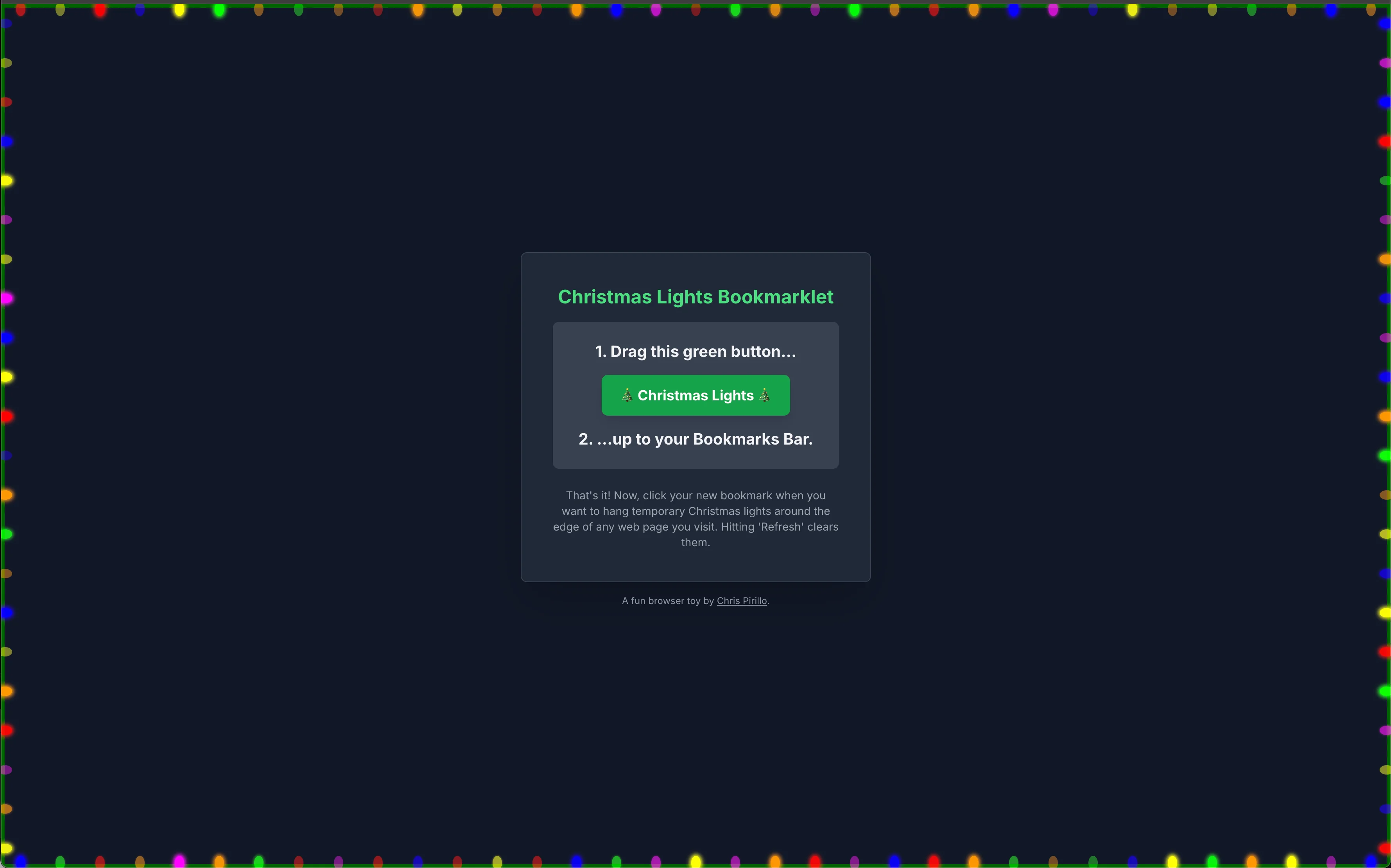 Screenshot of Browser Lights: Animated holiday string lights for your browser. Blinking Christmas lights as a festive decorative overlay — a seasonal ambient display widget.