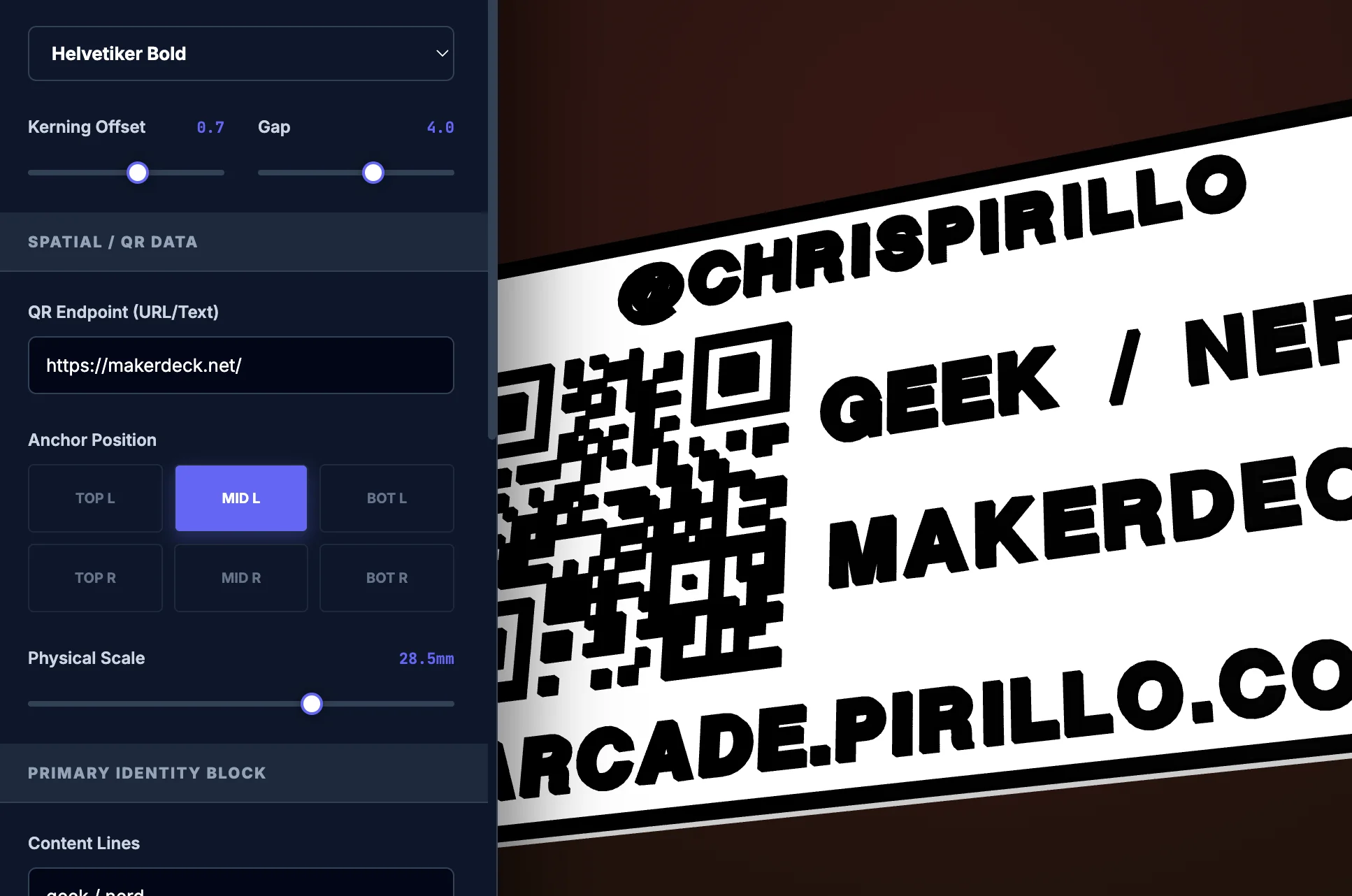 Screenshot of Business CADs: 3D-printable business card designer. Create embossed cards with text, QR codes, and SVG logos — export STL and 3MF files for multi-material printing.