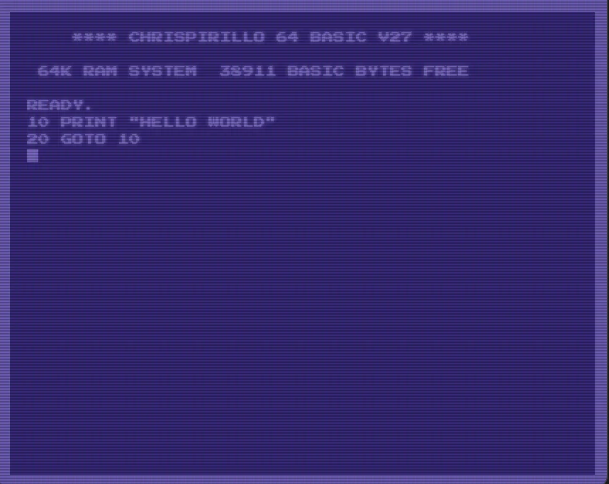Screenshot of CHRISPIRILLO64: Commodore 64 emulator with BASIC interpreter. Write and run C64 BASIC programs — a retro computing environment for learning, nostalgia, and 8-bit programming.