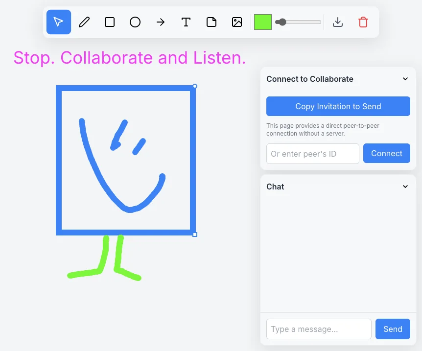 Screenshot of Canvas Connect: Peer-to-peer digital whiteboard. Collaborate and draw in real-time with WebRTC — a free serverless alternative to Excalidraw and Microsoft Whiteboard.