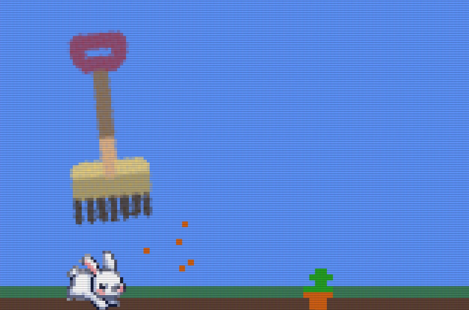 Screenshot of Carrot Critter: Garden arcade game — dodge rakes and harvest carrots. A fast-paced collect-and-avoid challenge with cute critter mechanics.