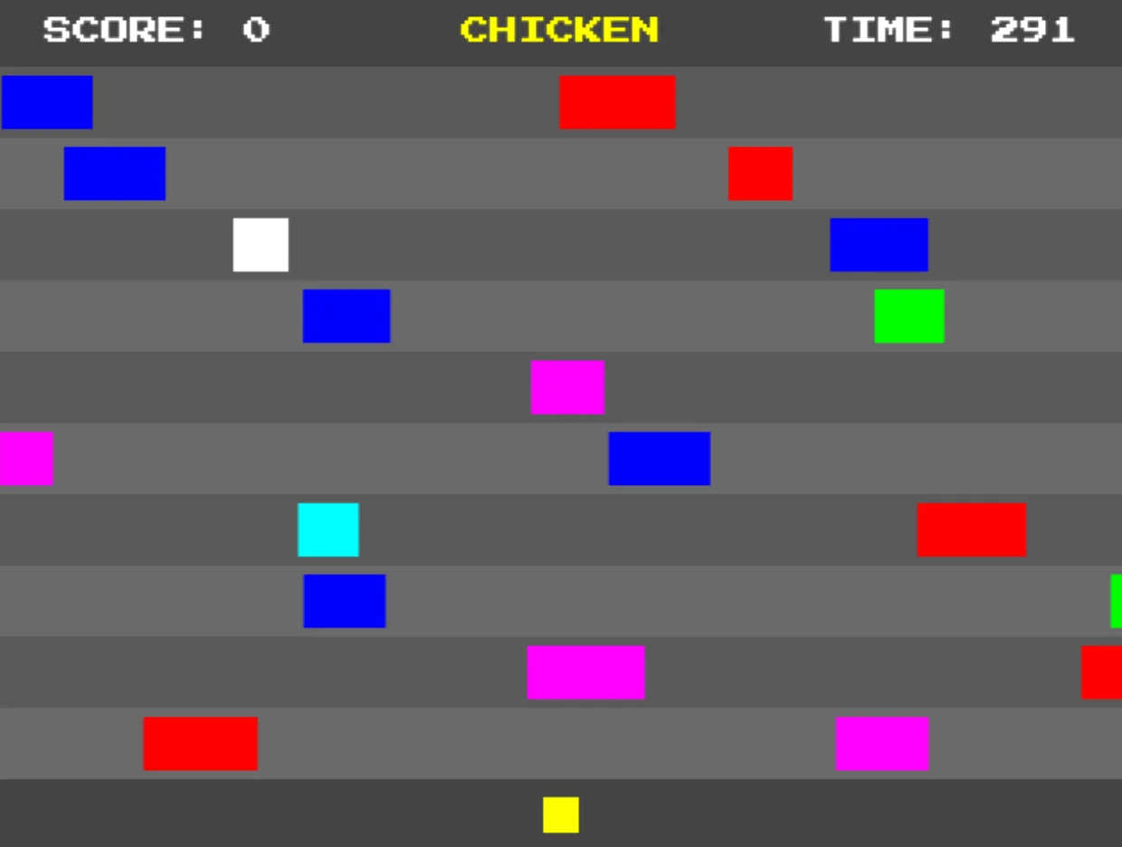 Screenshot of Chicken: Frogger-style road crossing game. Dodge traffic and navigate hazards — a classic arcade tribute to Frogger and Crossy Road with pixel-perfect collision.