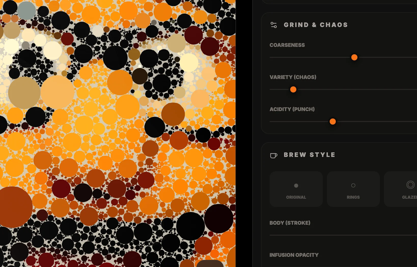 Screenshot of CoffeeTime: Photo-to-mosaic art converter. Transform images into circle-packed designs with coffee-inspired textures — a unique generative art tool for portrait and photo mosaics.