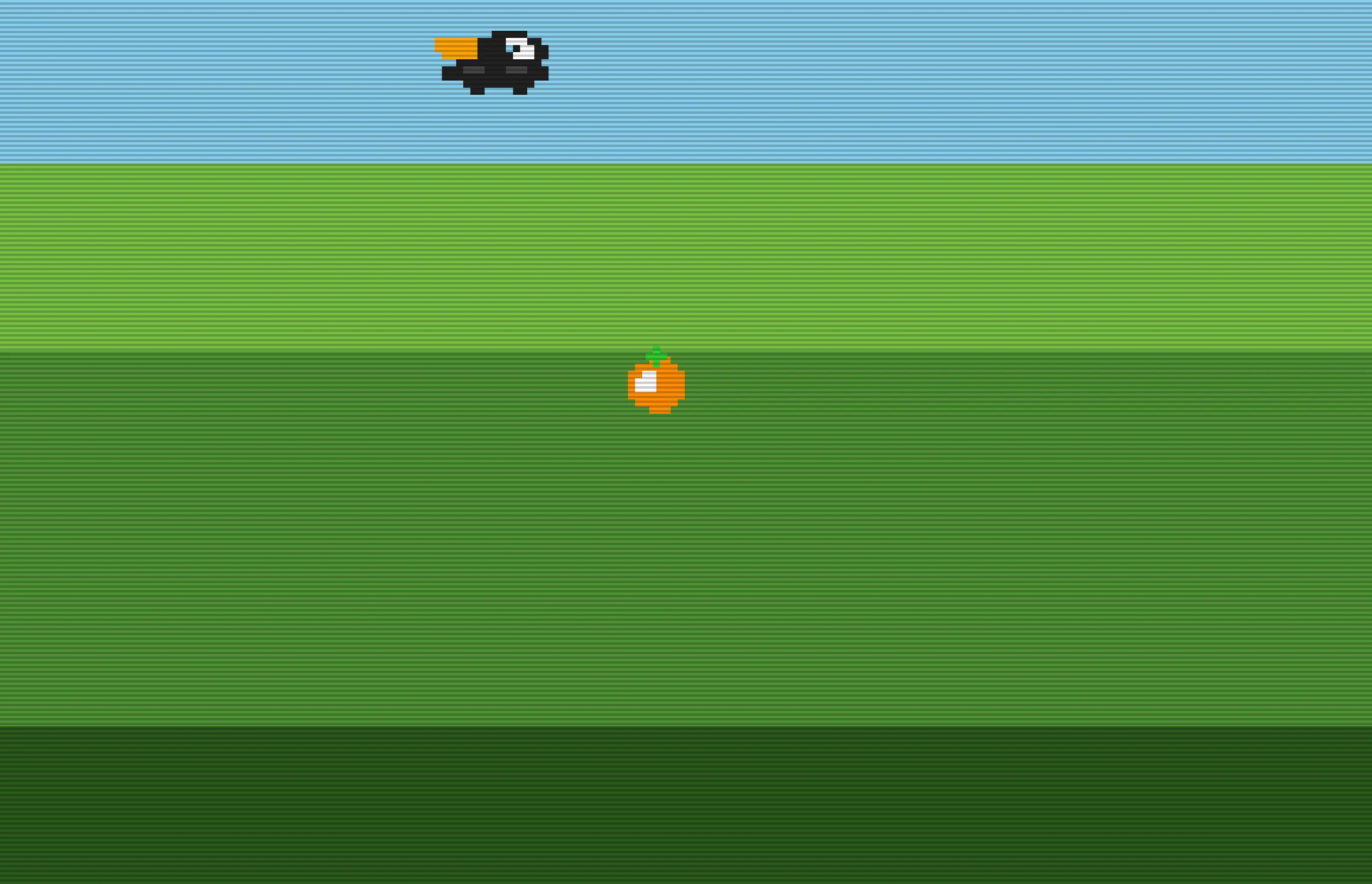 Screenshot of Crow's Cache: Falling-object catching game. Help a crow collect oranges and guard the stash — an arcade catcher with hoarding mechanics and increasing difficulty.