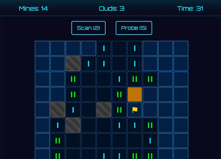 Screenshot of Cybersweeper: Minesweeper with a cyberpunk reskin. Sweep neon grids, flag mines, and solve logic puzzles — a free alternative to classic Windows Minesweeper and Minesweeper Online.