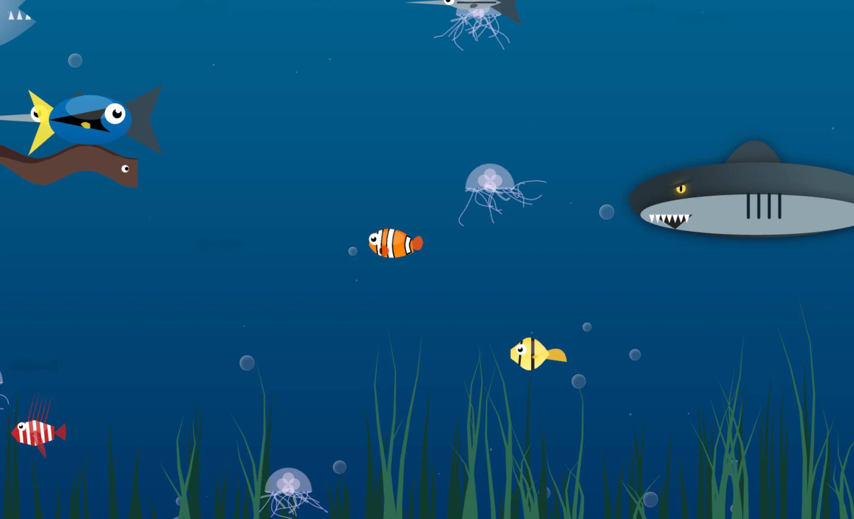 Screenshot of Fish Frenzy: Underwater eat-or-be-eaten survival game. Devour smaller fish, dodge predators, grow bigger — inspired by Feeding Frenzy and Fishy with arcade pacing.