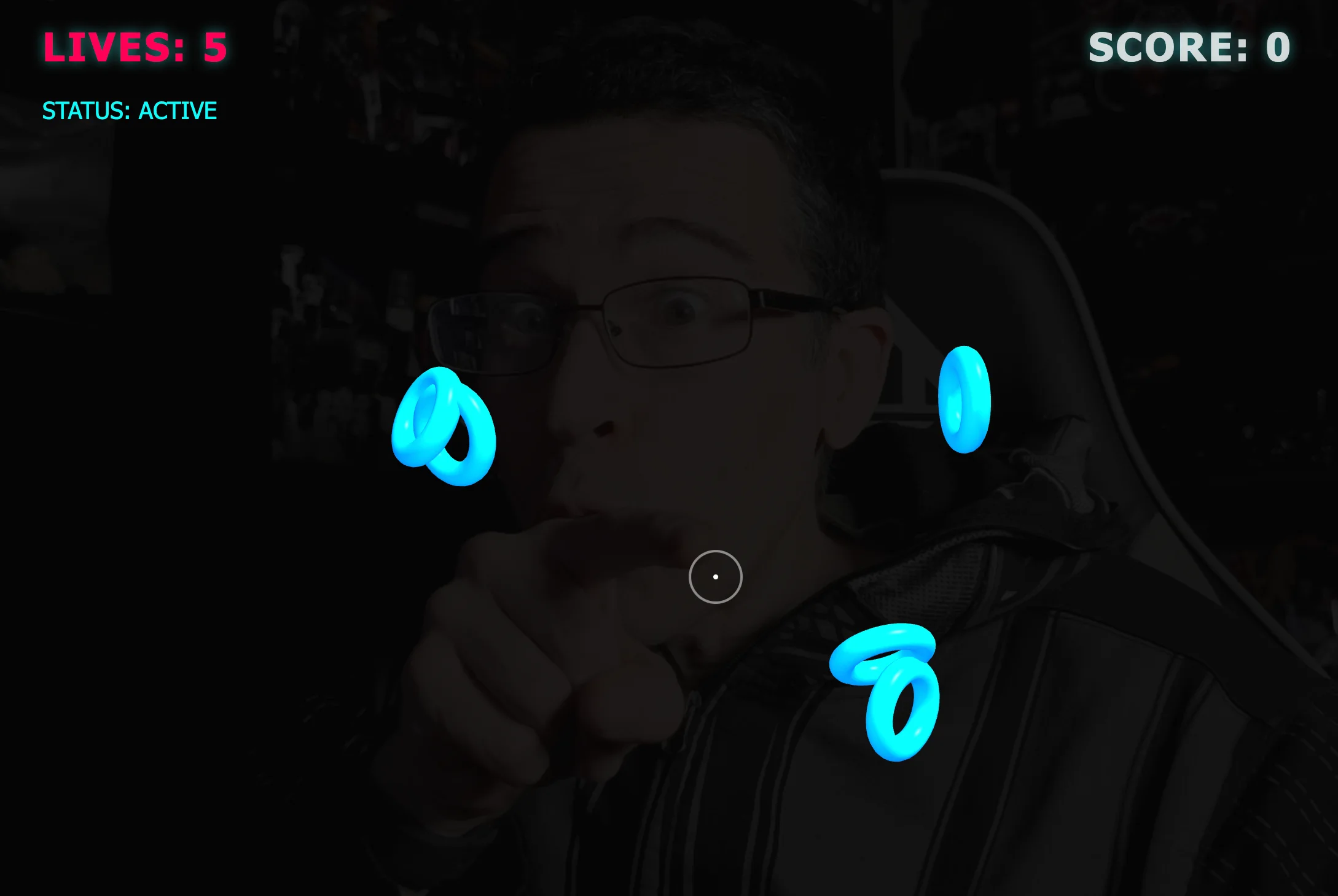 Screenshot of Gesture Blaster: Webcam hand-tracking shooter. Aim and fire with real gestures using computer vision — a motion-controlled arcade game powered by hand pose detection.