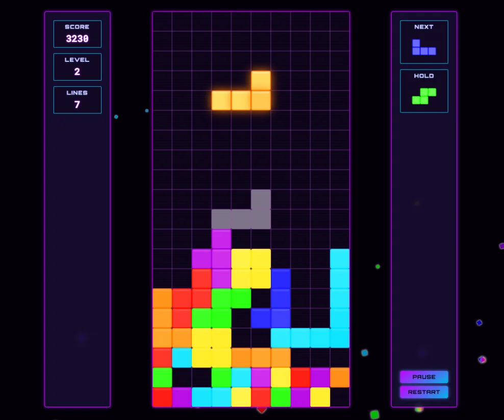 Screenshot of Glitchtris: Tetris with a glitch aesthetic — stack and clear falling blocks through visual distortion. A cyberpunk twist on the classic puzzle, inspired by Tetris Effect.