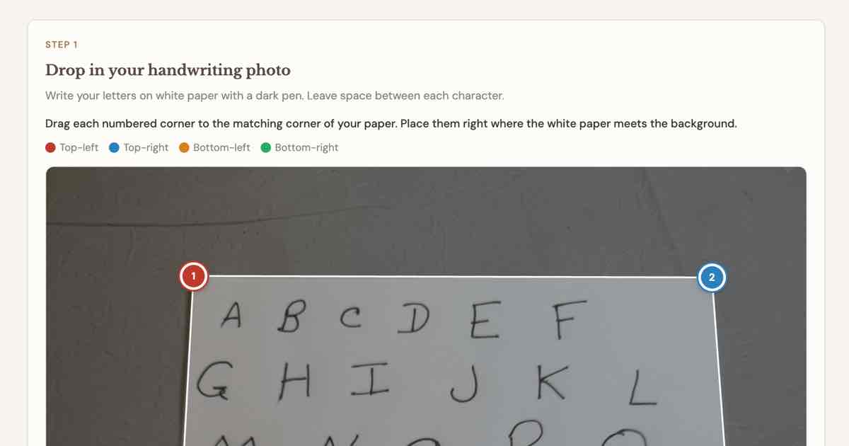 Screenshot of Handwriting Fontalizer: Handwriting-to-font photo converter — snap a picture of your handwriting and create a FontCrafter-compatible template. No printed grid required.