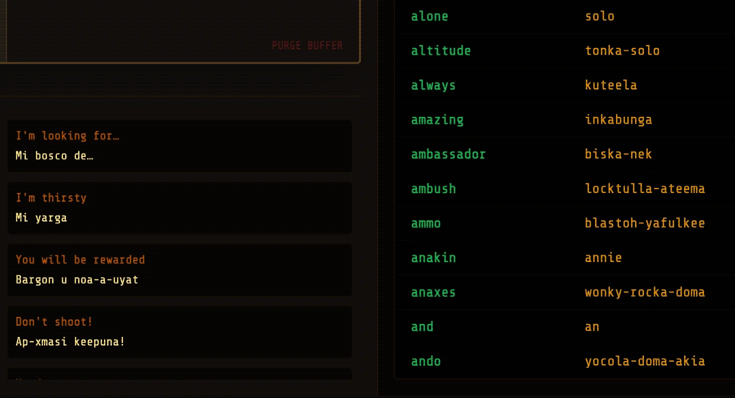 Screenshot of Huttese Translator: English-to-Huttese translator. Convert text to Star Wars Huttese with a searchable lexicon — an immersive galactic language tool for fans and cosplayers.