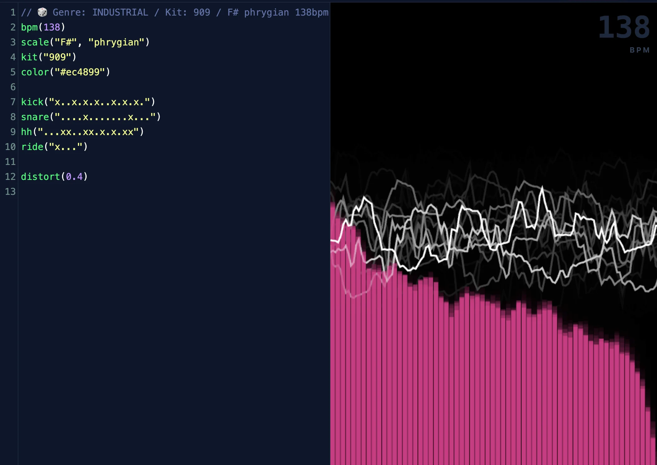 Screenshot of LiveBeat: Text-to-music live coding tool. Write simple code to generate songs and beats — a creative music coding environment inspired by Sonic Pi and TidalCycles.
