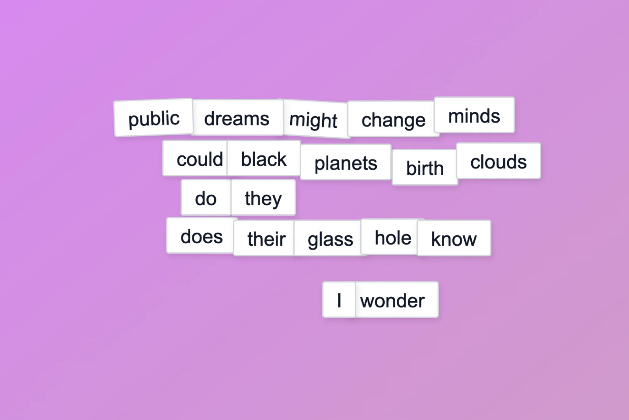 Screenshot of Magnetic Poetry: Drag-and-drop magnetic poetry maker with 40+ themed word kits. Arrange fridge magnets into poems, then export — a digital alternative to Magnetic Poetry sets.
