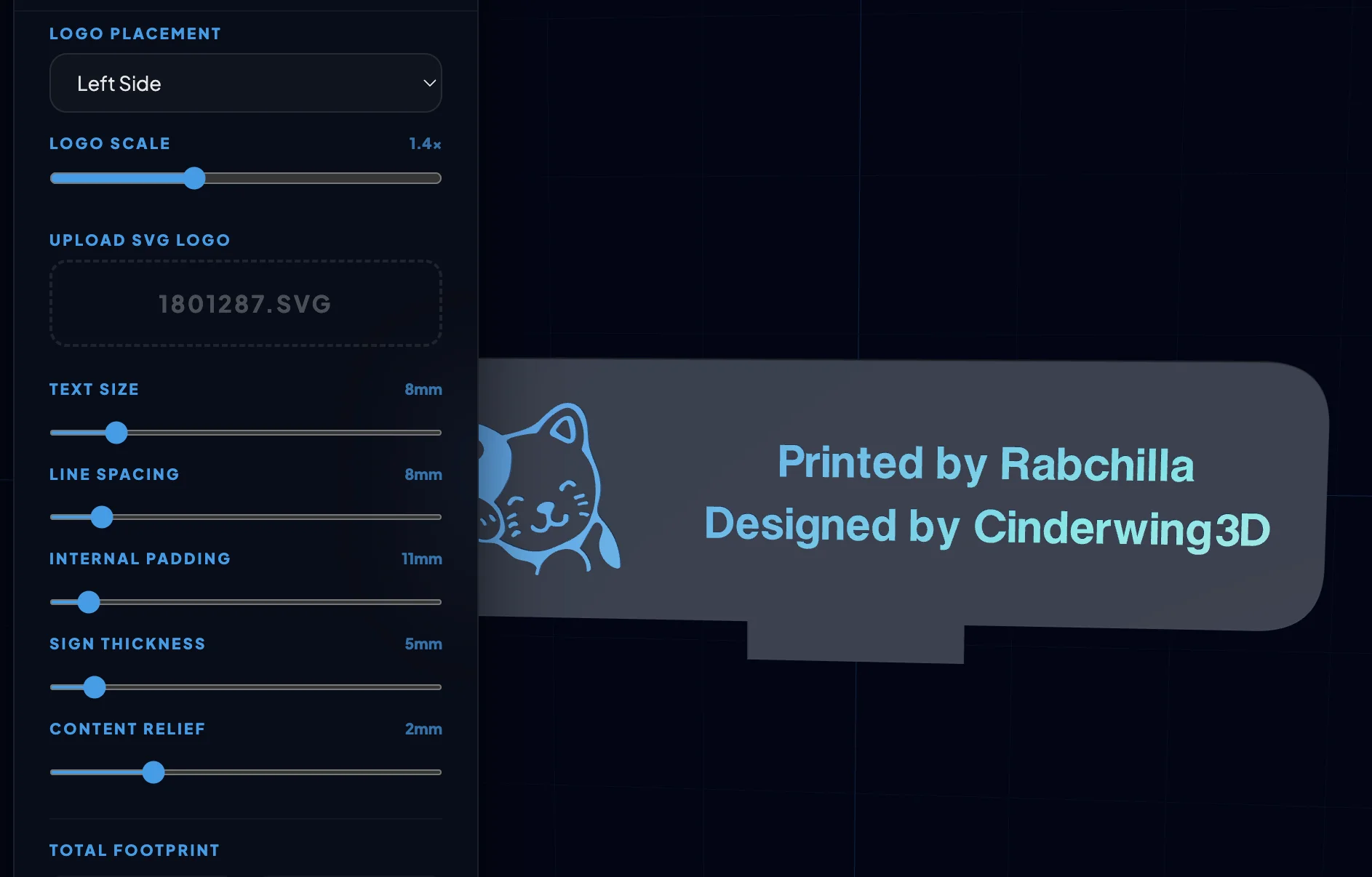 Screenshot of Maker Plaques: 3D plaque designer for 3D printing. Add SVG logos, QR codes, and custom text with real-time preview — export production-ready STL and 3MF files.