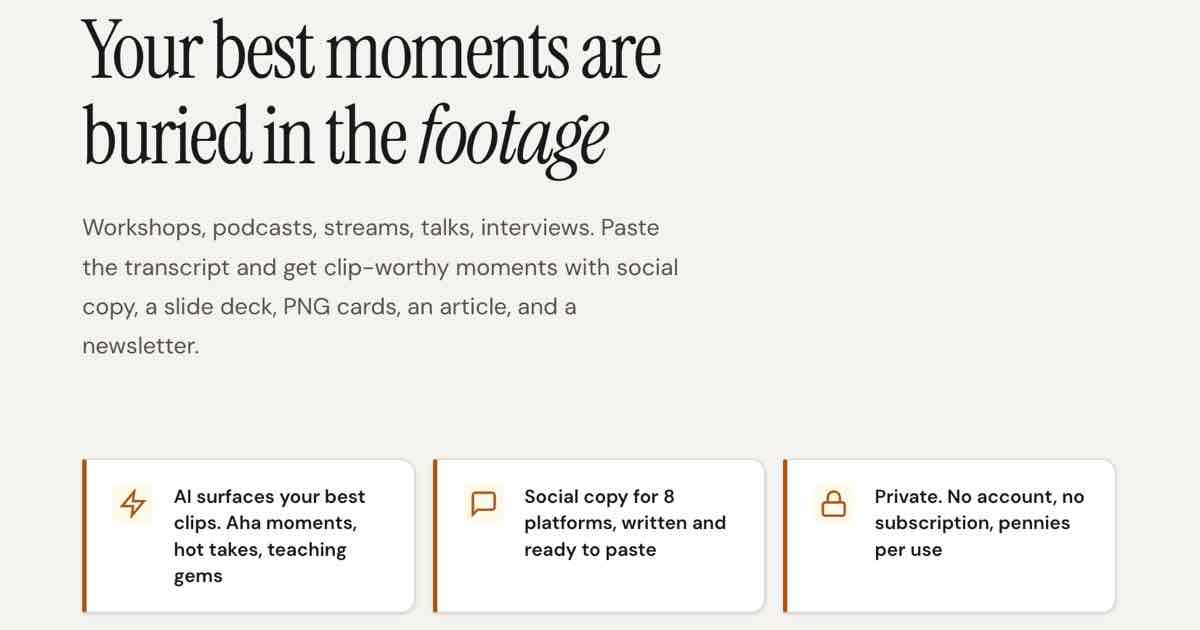 Screenshot of MomentMiner: AI clip finder for YouTube videos — paste a transcript, get timestamped moments with ready-to-post social copy for X, LinkedIn, TikTok, Reels, and Shorts.