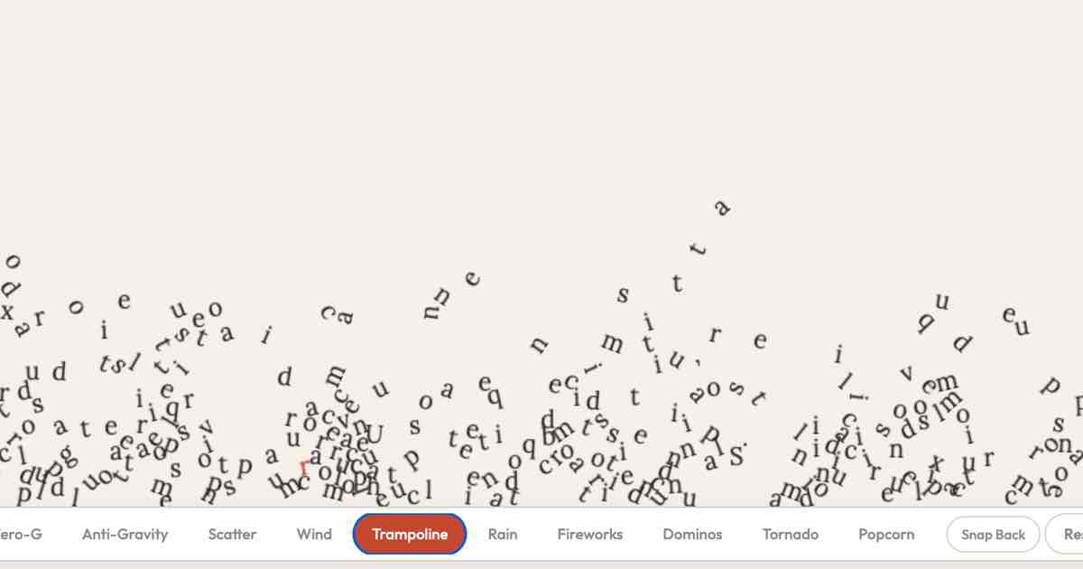 Screenshot of Movable Type: Free kinetic typography playground with 15 modes — explode, scatter, tornado, and more. Upload custom fonts. Play with your words!