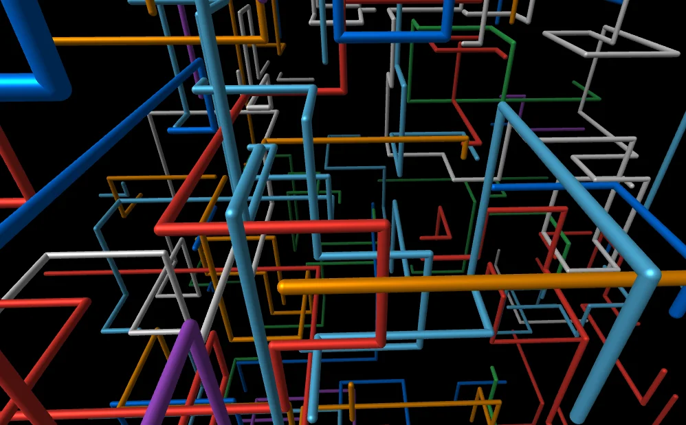 Screenshot of Pipe Dream: 3D Pipes screensaver recreation. Endless colorful pipes build and twist through space — a faithful WebGL tribute to the classic Windows screensaver from the 1990s.