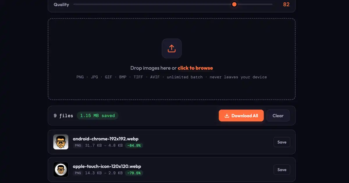 Screenshot of Pixel Melt: Bulk image converter to WebP. Convert PNG, JPG, GIF, BMP, and TIFF — everything runs locally, no upload. A free alternative to Squoosh and TinyPNG for batch conversion.