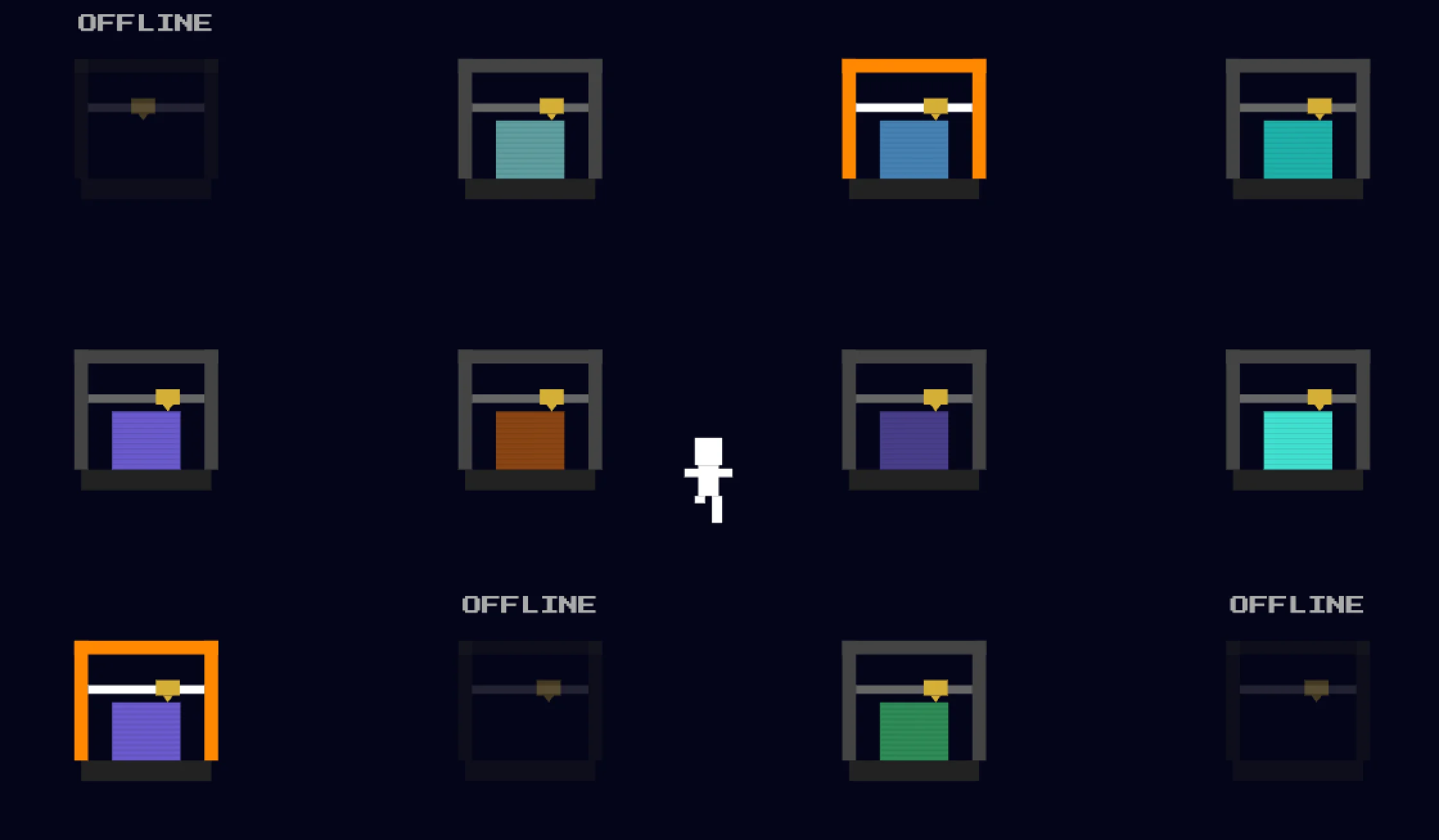 Screenshot of Printfarmville: 3D printing farm tycoon simulator. Manage print queues, upgrade machines, and scale your operation — an idle tycoon game for maker culture and 3D printing fans.