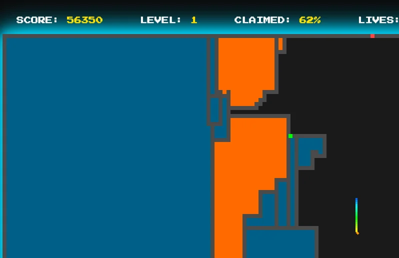 Screenshot of Qix: Qix clone — the classic 1981 arcade territory game. Draw lines to claim space while dodging the Qix. A faithful recreation of the Taito original.