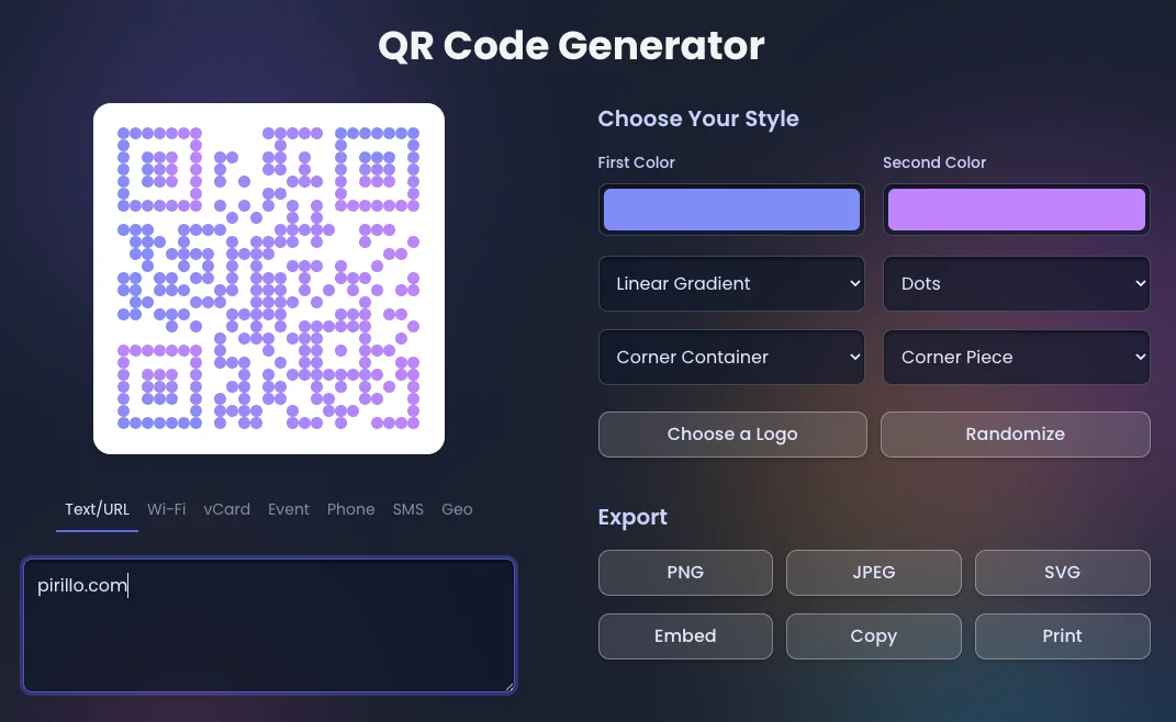 Screenshot of QR Generator: QR code generator with glassmorphic design. Create scannable codes for URLs, text, and contacts — a free alternative to QRCode Monkey and Flowcode.