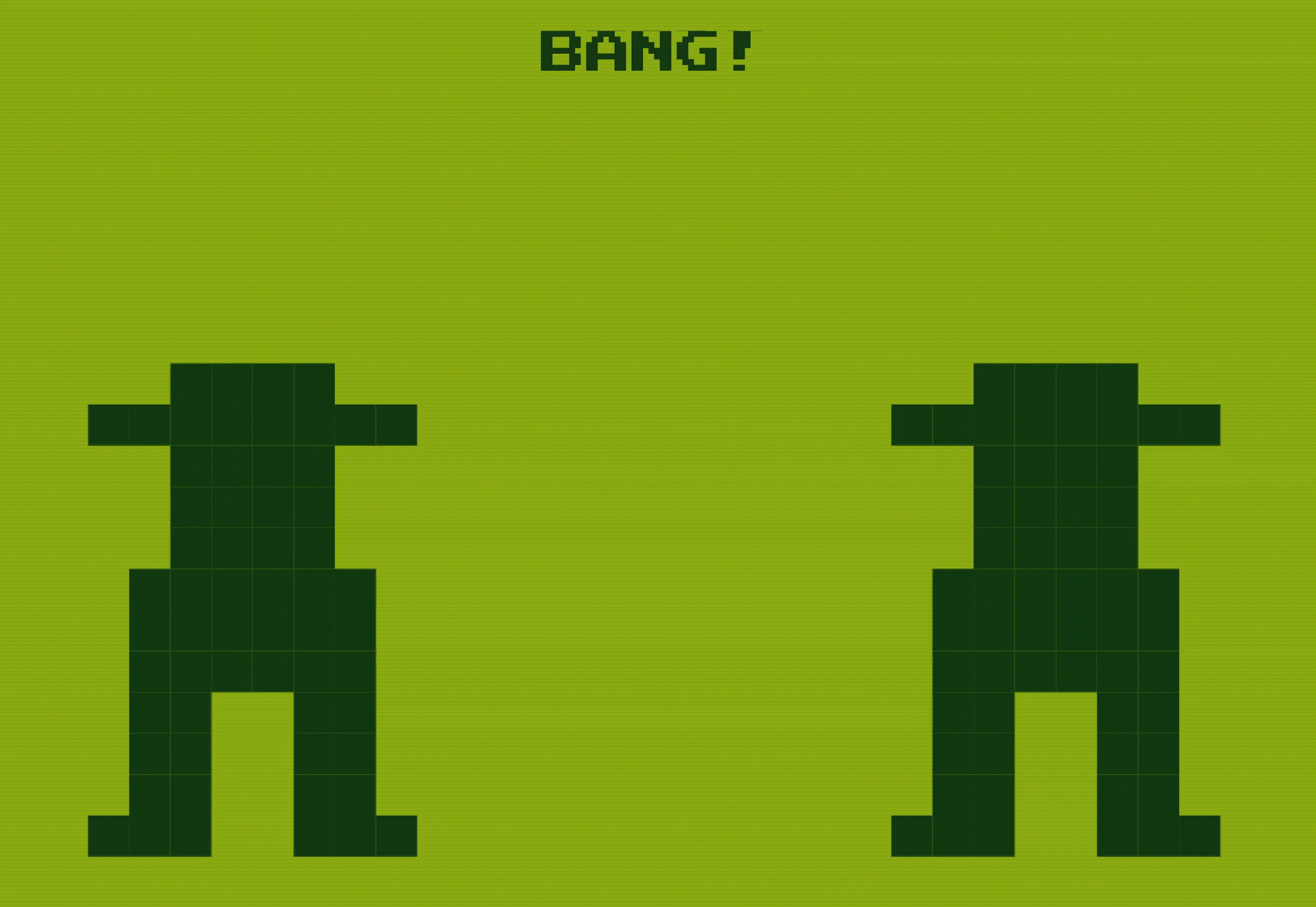 Screenshot of Ready Steady Bang: Quick-draw reflex duel with retro GameBoy styling. Test your reaction time in a western standoff — a free alternative to quick-draw and reaction test apps.