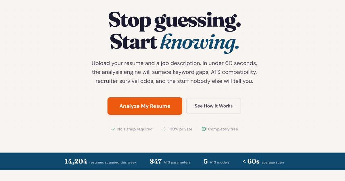 Screenshot of Resume Analyzer: Resume gap analyzer with ATS sim, keyword matching, and skill-gap detection. Upload your CV and a job description for an honest assessment. Free Jobscan alternative.