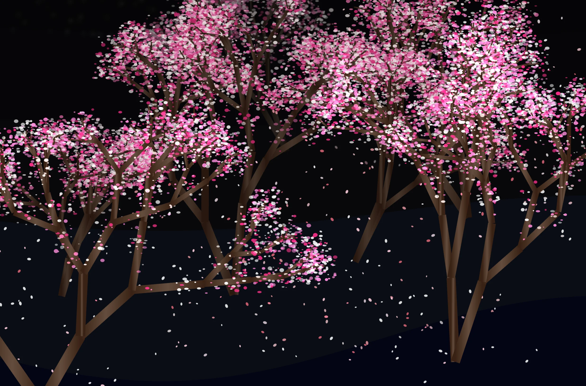Screenshot of Sakurascape: Interactive cherry blossom garden simulator. Control wind, growth, and density in a procedural sakura ecosystem — a serene Japanese-inspired generative art piece.