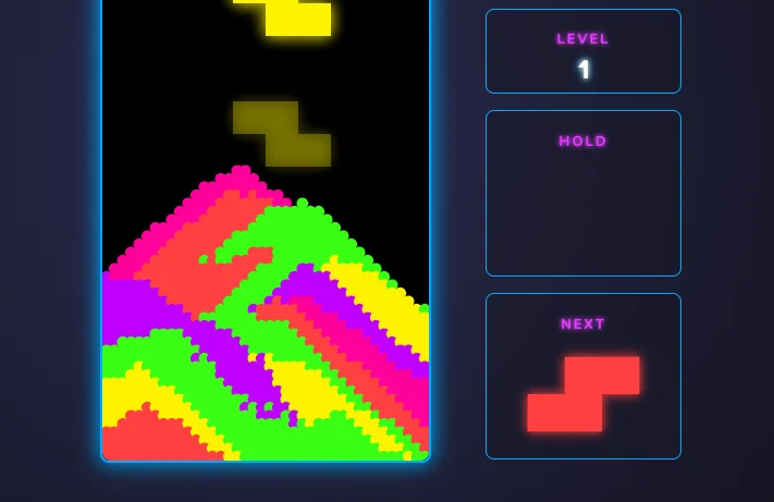 Screenshot of Sandtris: Tetris meets falling-sand physics — blocks crumble into particles on landing. A unique sand simulation puzzle game inspired by Noita and Sandspiel.