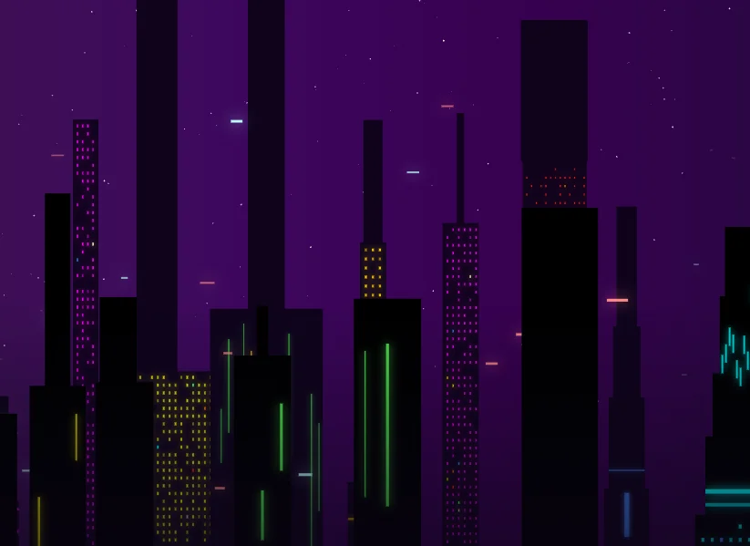 Screenshot of Scroll City: Cyberpunk cityscape builder. Scroll to reveal a neon-lit urban horizon — a stylish retro-futuristic parallax skyline visualization.