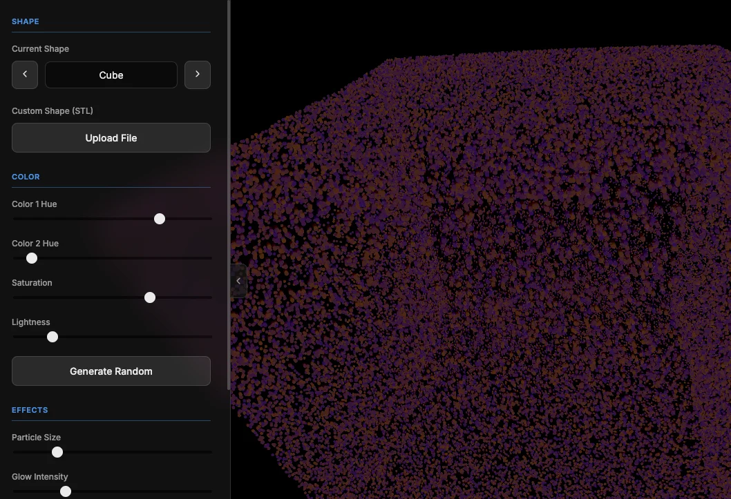 Screenshot of Shape Weaver: 3D particle shape morphing tool. Watch thousands of particles transform between geometric forms — a mesmerizing point-cloud animation engine.