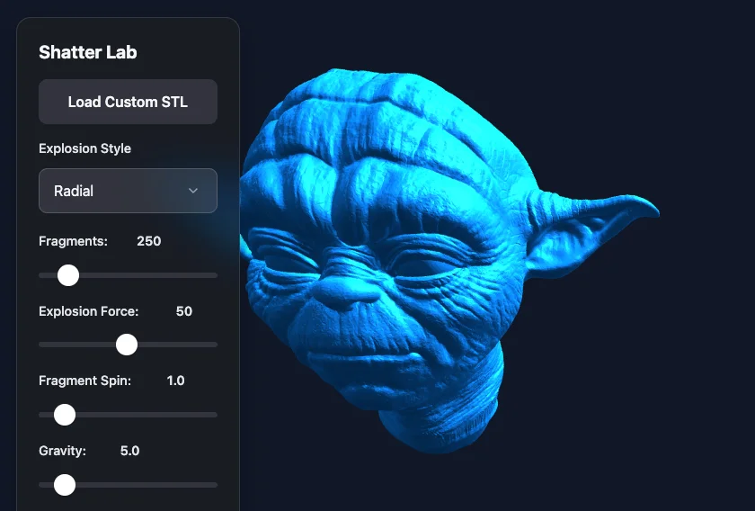 Screenshot of Shatter Lab: 3D model physics sandbox. Upload STL files and shatter, explode, and simulate destruction — a Voronoi fracture tool for 3D printing and visual effects.