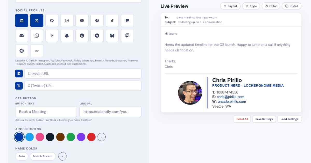 Screenshot of SignOff: Email signature generator with headshot, logo, QR vCard, social links, and CTA button — free WiseStamp and HubSpot alternative for Gmail, Outlook, Apple Mail.
