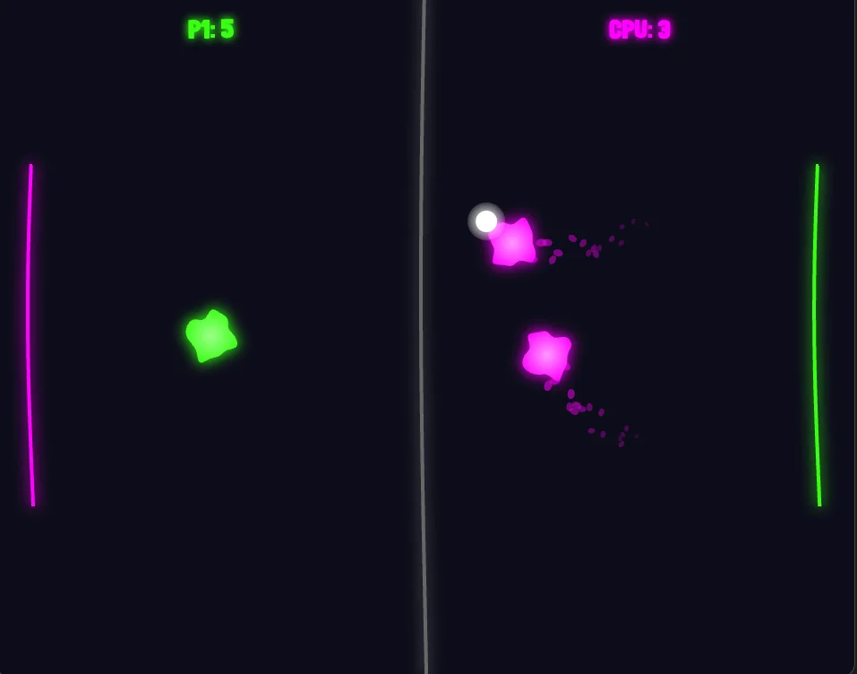 Screenshot of Slimeball: Slime volleyball with neon visuals. Competitive 1v1 blob sports — a browser tribute to the classic Slime Volleyball Flash game with glowing particle effects.