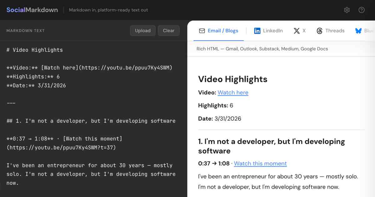 Screenshot of SocialMarkdown: Free markdown to social media converter — LinkedIn Unicode bold/italic, X thread splitter, Threads, Mastodon, Bluesky, Reddit, Slack, Discord. Post and Article modes.