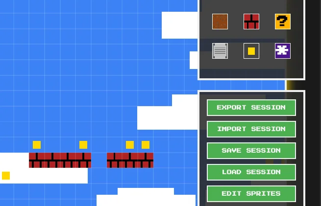 Screenshot of Sprite Sidescroller: Platformer level editor and player. Design sprites, build stages, and play custom side-scrolling levels — a free alternative to Super Mario Maker for the browser.