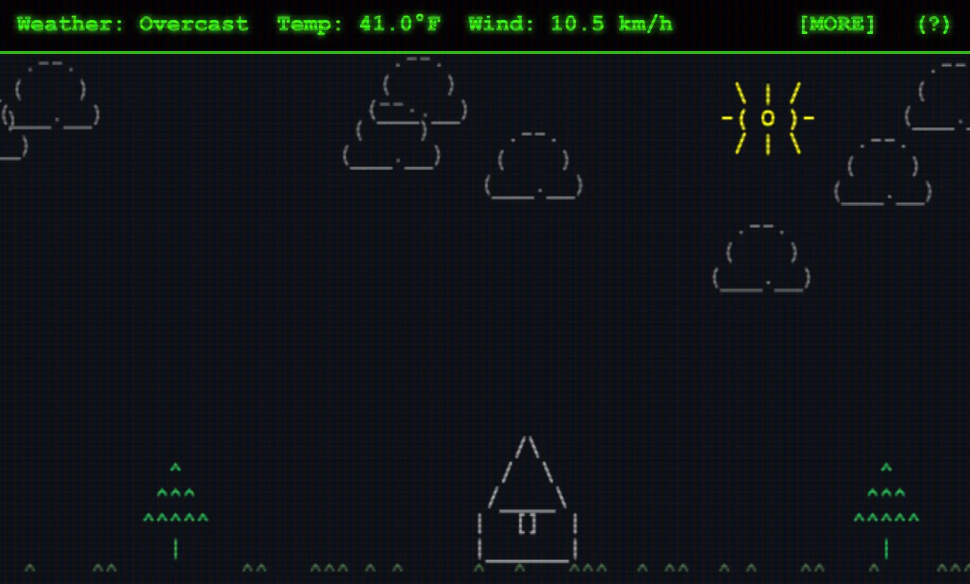 Screenshot of Storm Front: Retro CRT weather terminal. Live weather data with ASCII art in a green-screen terminal — a geek-chic forecast display inspired by 1980s BBS systems.