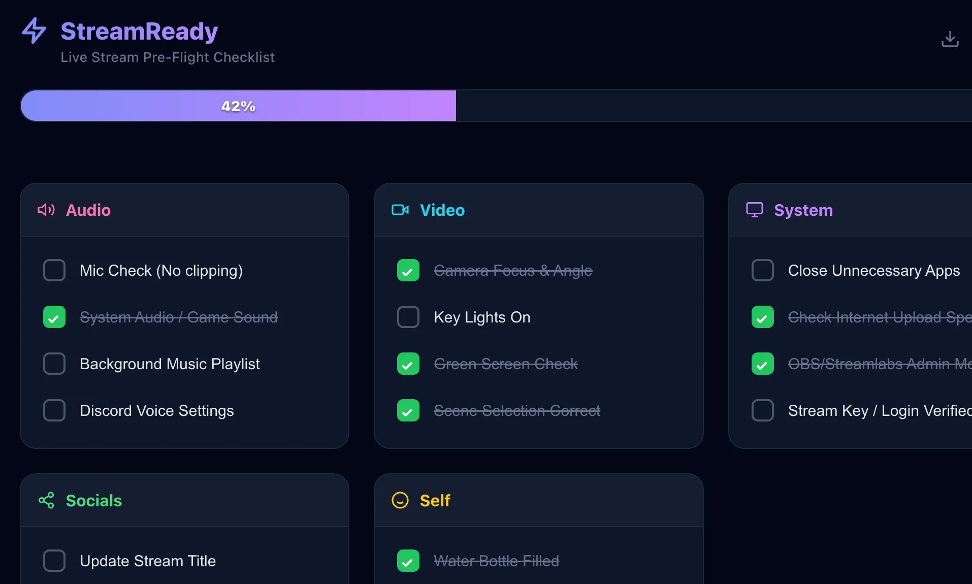 Screenshot of StreamReady: Pre-stream checklist for live streamers. Run through audio, video, and scene checks before going live — a flight-check tool for Twitch and YouTube creators.