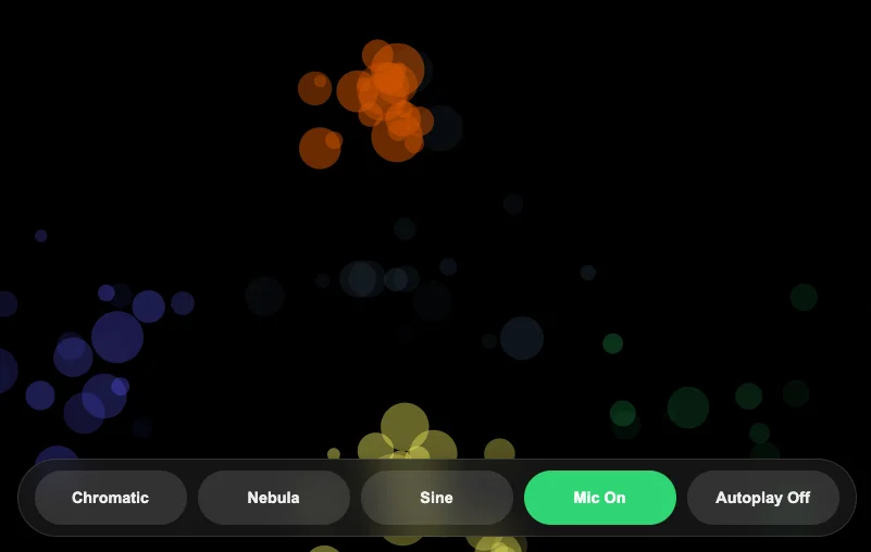 Screenshot of Synesthesia: Audiovisual art creator. Generate combinations of sound and color by clicking and typing — explore synesthetic experiences where visual and audio merge.
