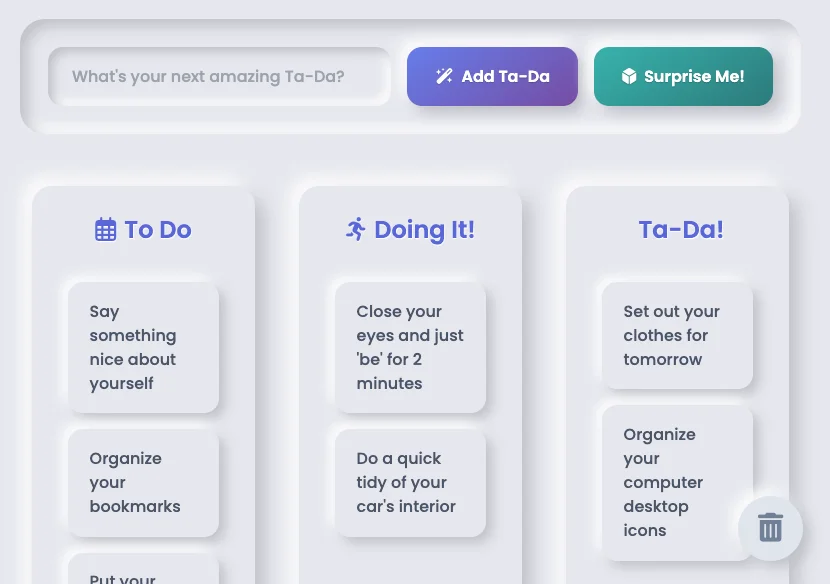 Screenshot of Ta-Da List: Kanban board and to-do list with drag-and-drop columns. A simple private task manager — a free alternative to Trello and Notion boards, fully local.