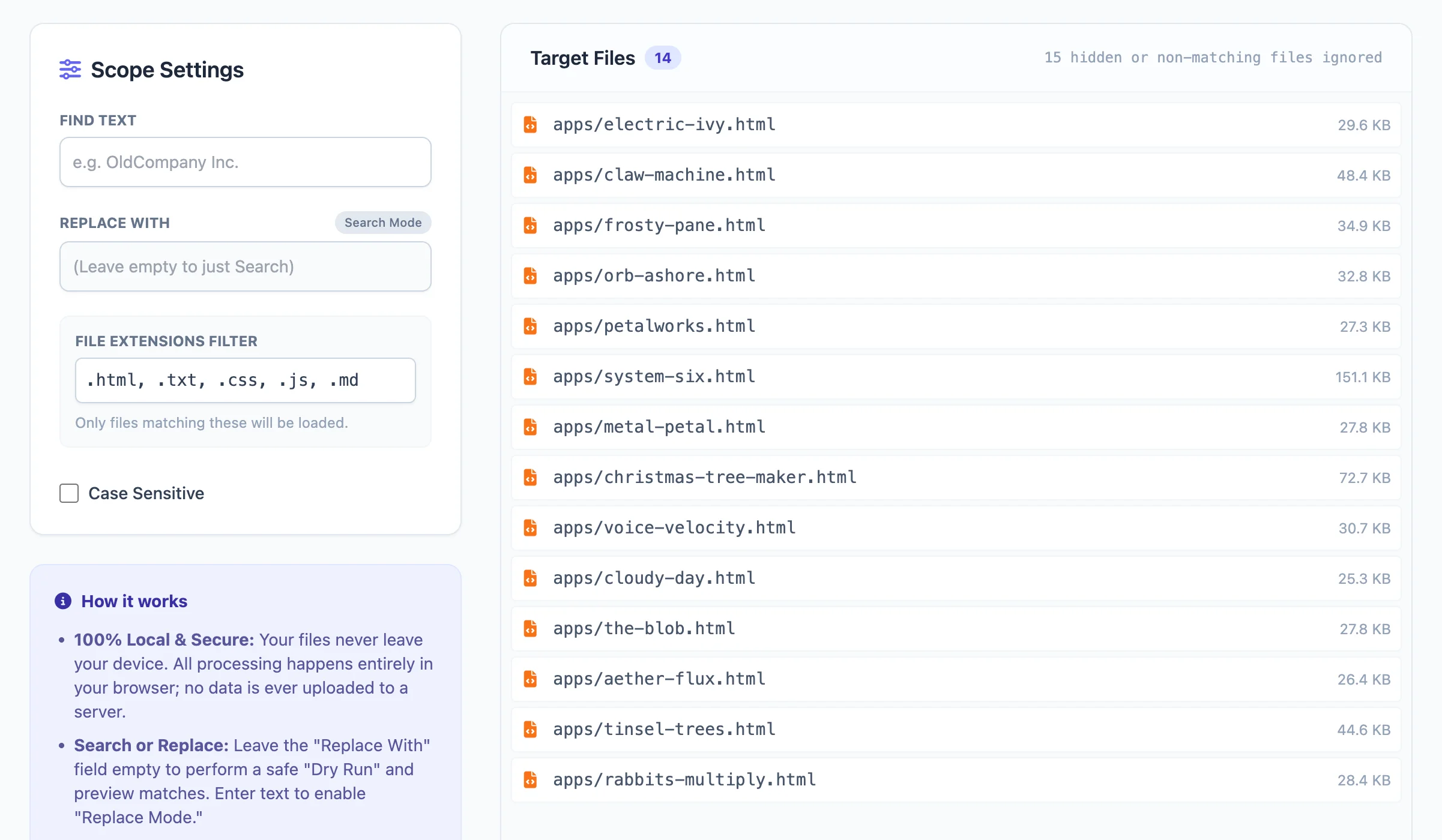 Screenshot of Text Replacer: Find-and-replace text tool with regex support. Bulk substitutions on any text — a free alternative to TextSoap and sed for non-developers.