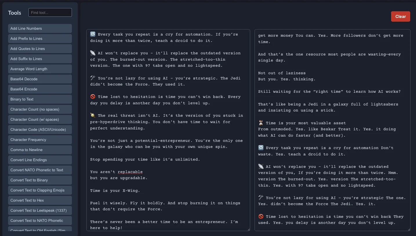 Screenshot of Textulator: Text reformatting multi-tool. Apply filters to transform, clean, sort, and reformat text — a free alternative to TextSoap, CyberChef, and online text utilities.