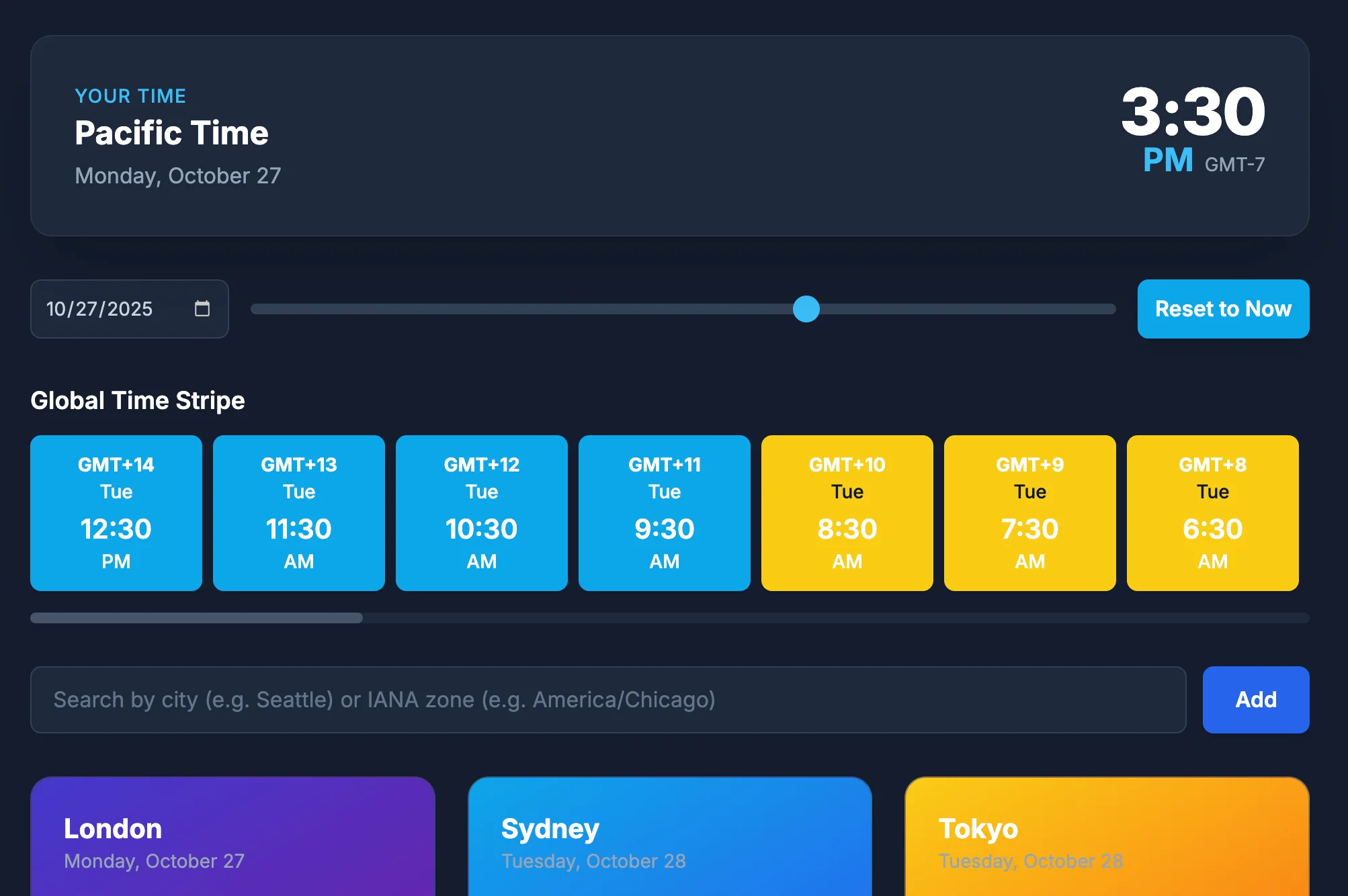 Screenshot of Time Shift: World clock and timezone converter. Visualize time across multiple cities simultaneously — a free alternative to World Time Buddy and Every Time Zone.