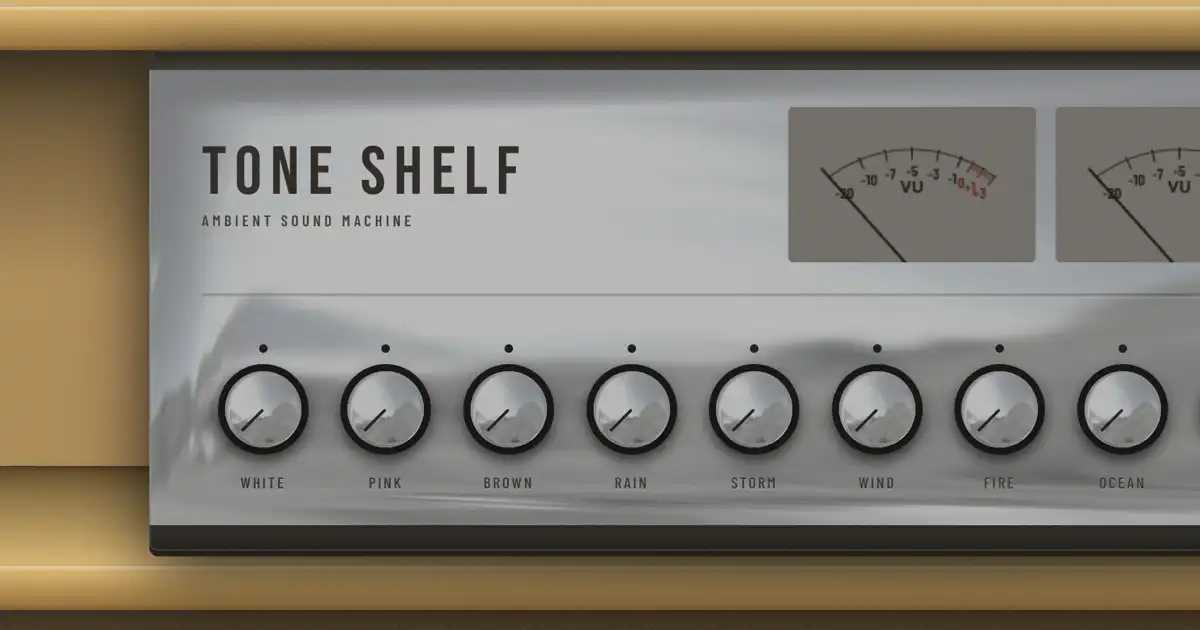 Screenshot of Tone Shelf: Brown, white, and pink noise generator with rain, ocean, wind, and fire. Mix 10 ambient channels — a free alternative to Noisli, myNoise, and A Soft Murmur.