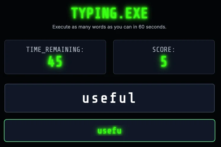 Screenshot of TYPING.EXE: Typing speed test with WPM tracking, accuracy stats, and difficulty levels. Practice touch typing and measure progress — a free alternative to MonkeyType and TypeRacer.