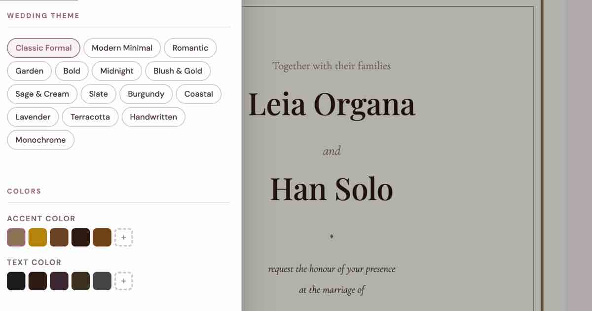 Screenshot of WeddingCrafter: Wedding invitation suite maker with RSVP QR code, details card, and printable PDF export. Use your own handwriting font — a free Canva and Paperless Post alternative.